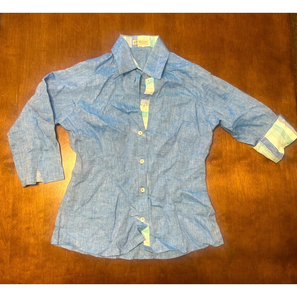 100% Lino Shirt Womens XS Blue Regular Fit Roll Tab Sleeve Collared Button Front